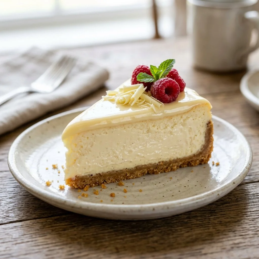 Delicious homemade white chocolate cheesecake topped with fresh berries