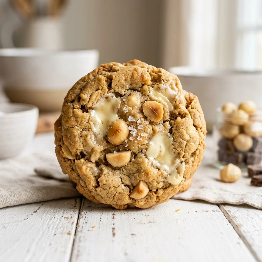 Freshly baked white chocolate macadamia cookies on a plate
