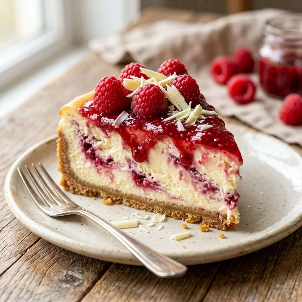 Delicious white chocolate raspberry cheesecake with fresh raspberries and chocolate drizzle.