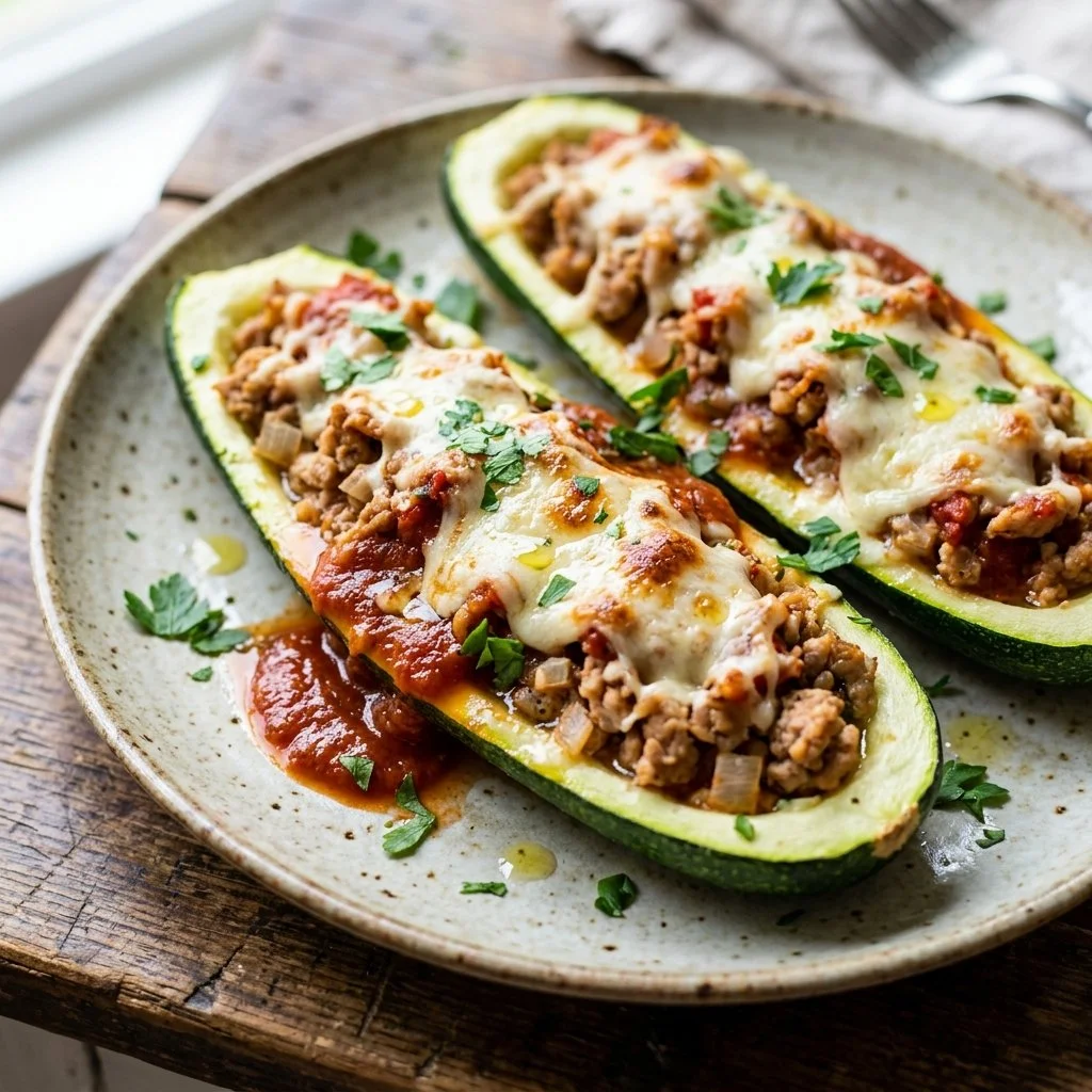 Zucchini boats filled with ground turkey and topped with cheese, ready to bake.