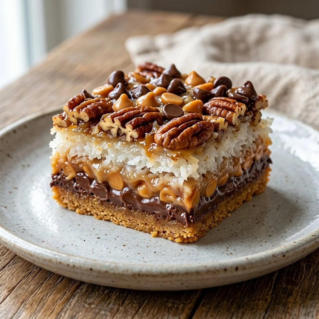 Decadent 7 Layer Bars with chocolate and nuts stacked in layers