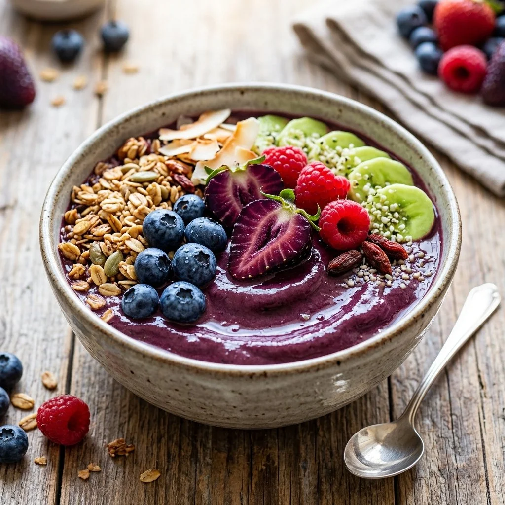 A colorful acai bowl topped with fresh fruits and granola
