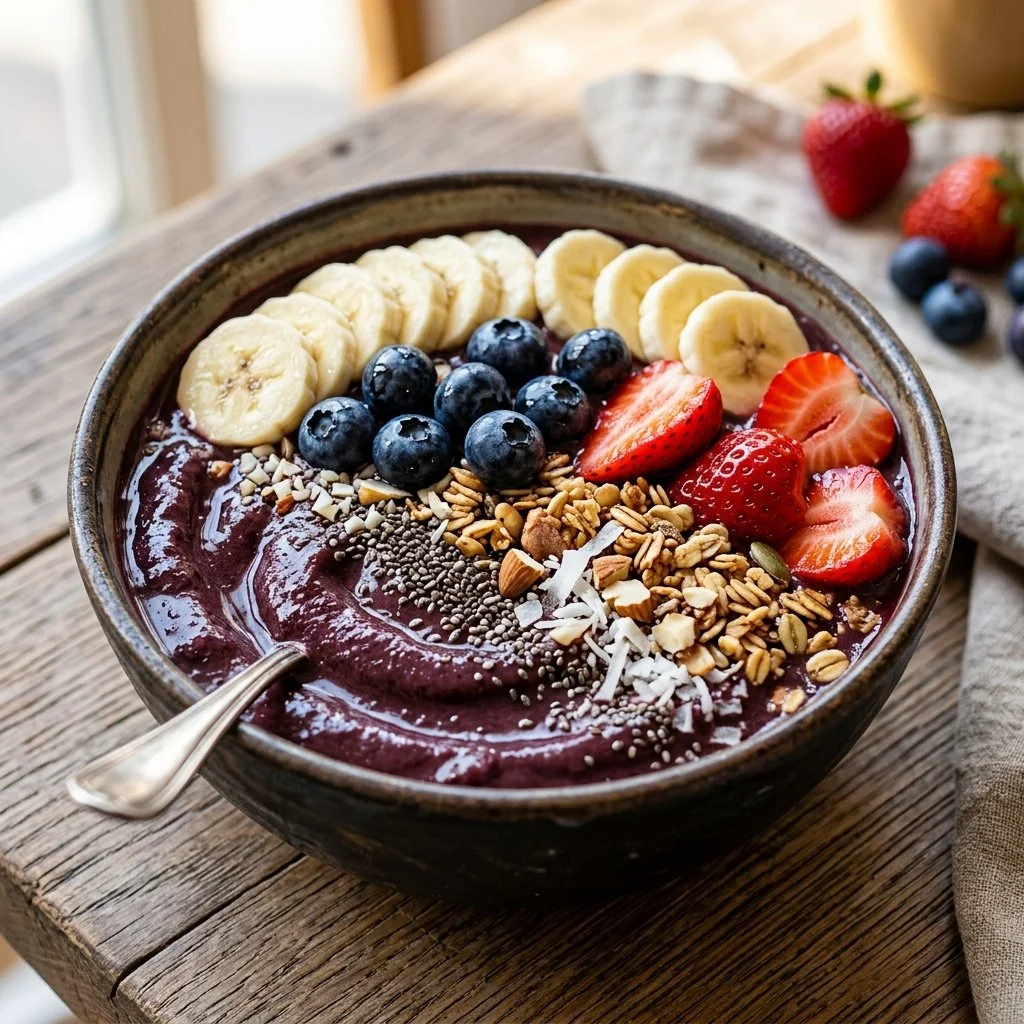 Delicious Acai Smoothie Bowl topped with fresh fruits and granola