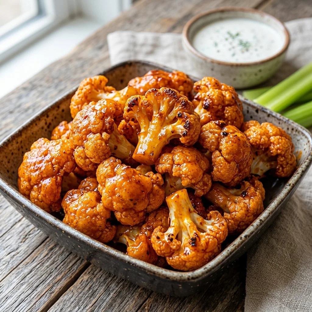 Air Fryer Buffalo Cauliflower garnished and ready to serve