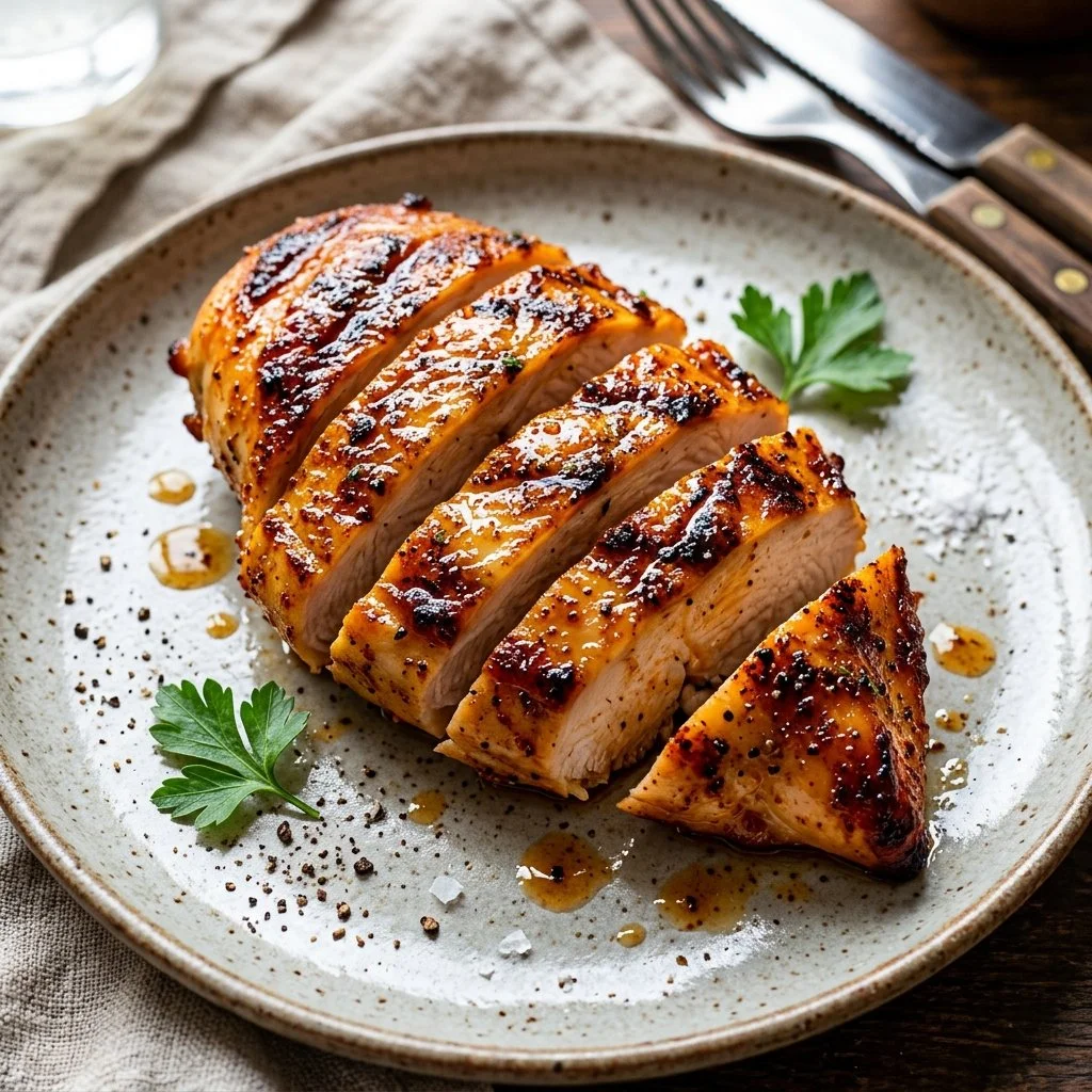 Juicy air fryer chicken breast served with herbs and spices
