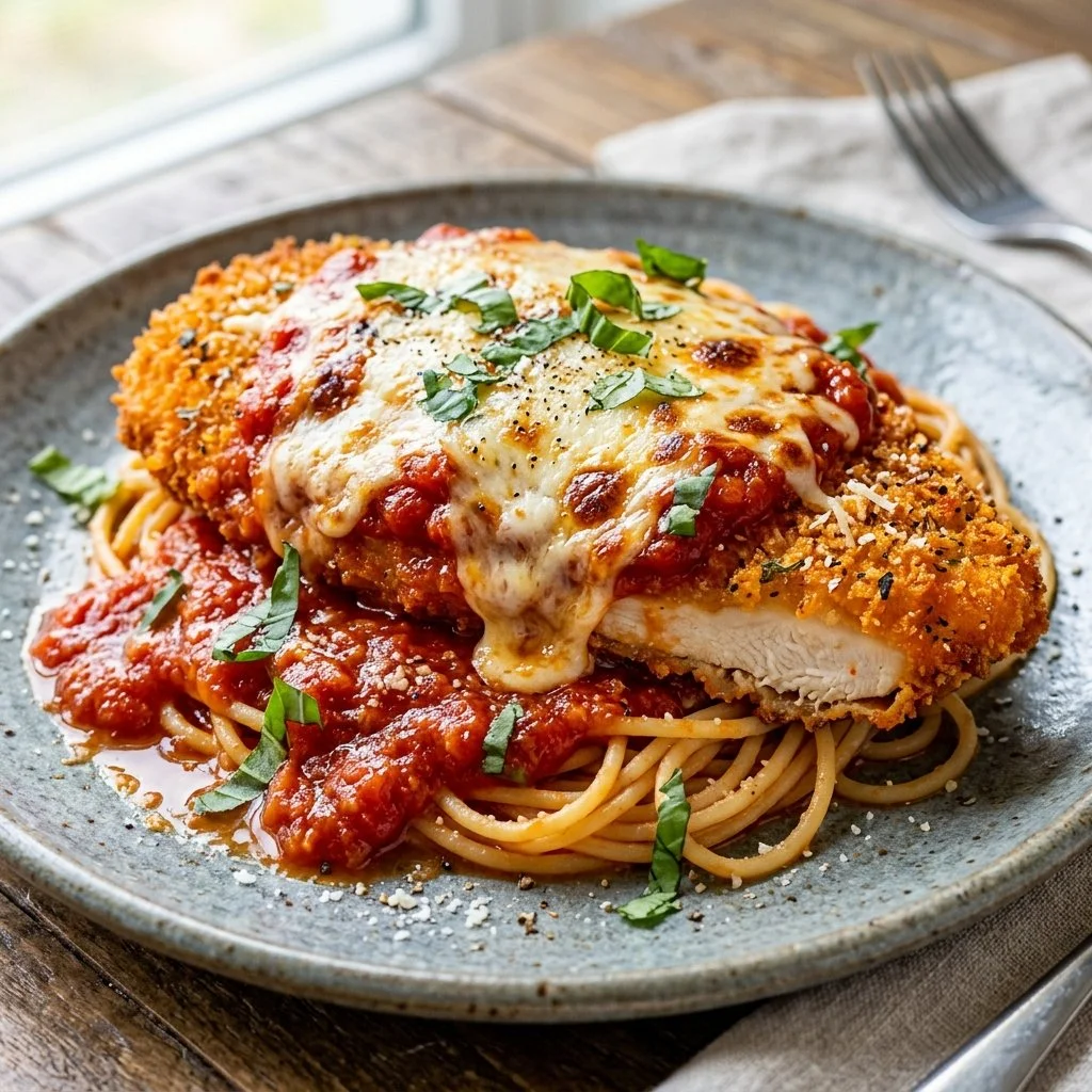 Crispy Air Fryer Chicken Parmesan topped with marinara sauce and melted cheese