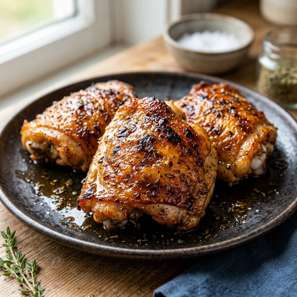 Crispy air fryer chicken thighs on a plate garnished with herbs