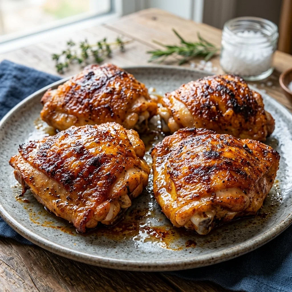 Crispy air fryer chicken thighs served with herbs and spices