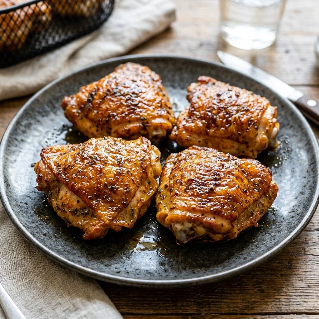 Deliciously cooked air fryer chicken thighs served on a plate.