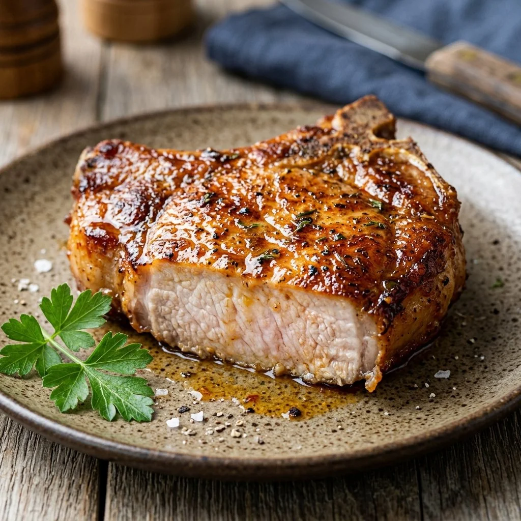 Juicy air fryer pork chops served with vegetables