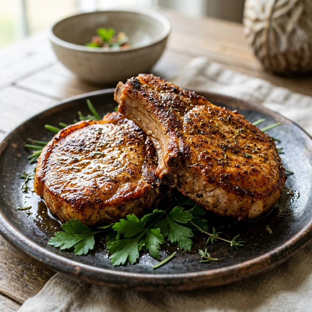 Delicious air fryer pork chops served with herbs and spices.