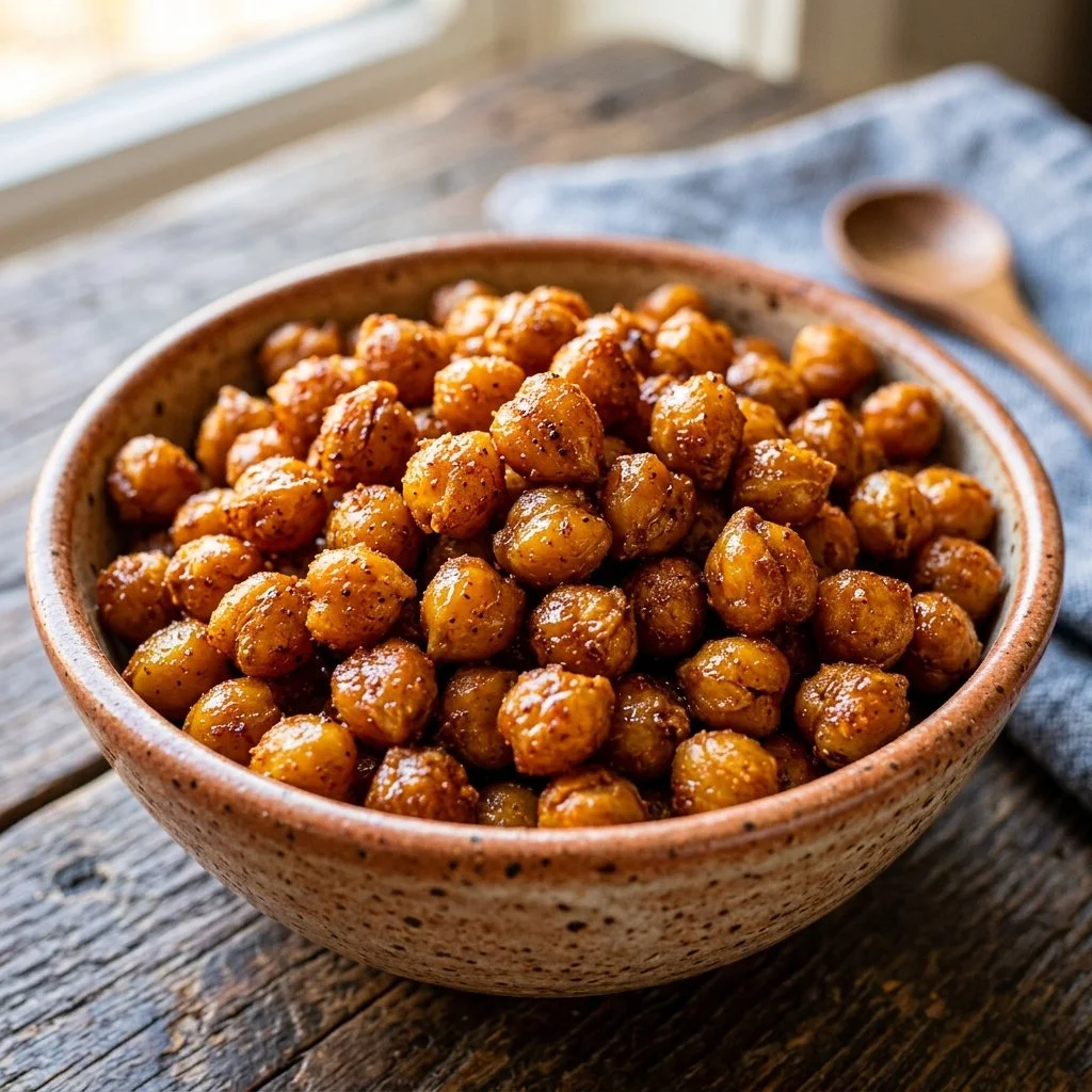 Bowl of crispy air fryer roasted chickpeas seasoned and ready to eat.