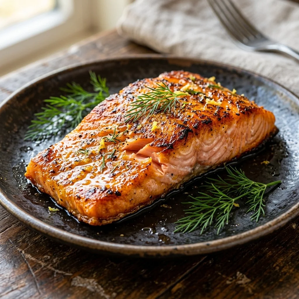 Air fryer salmon fillet cooked to perfection with herbs and spices