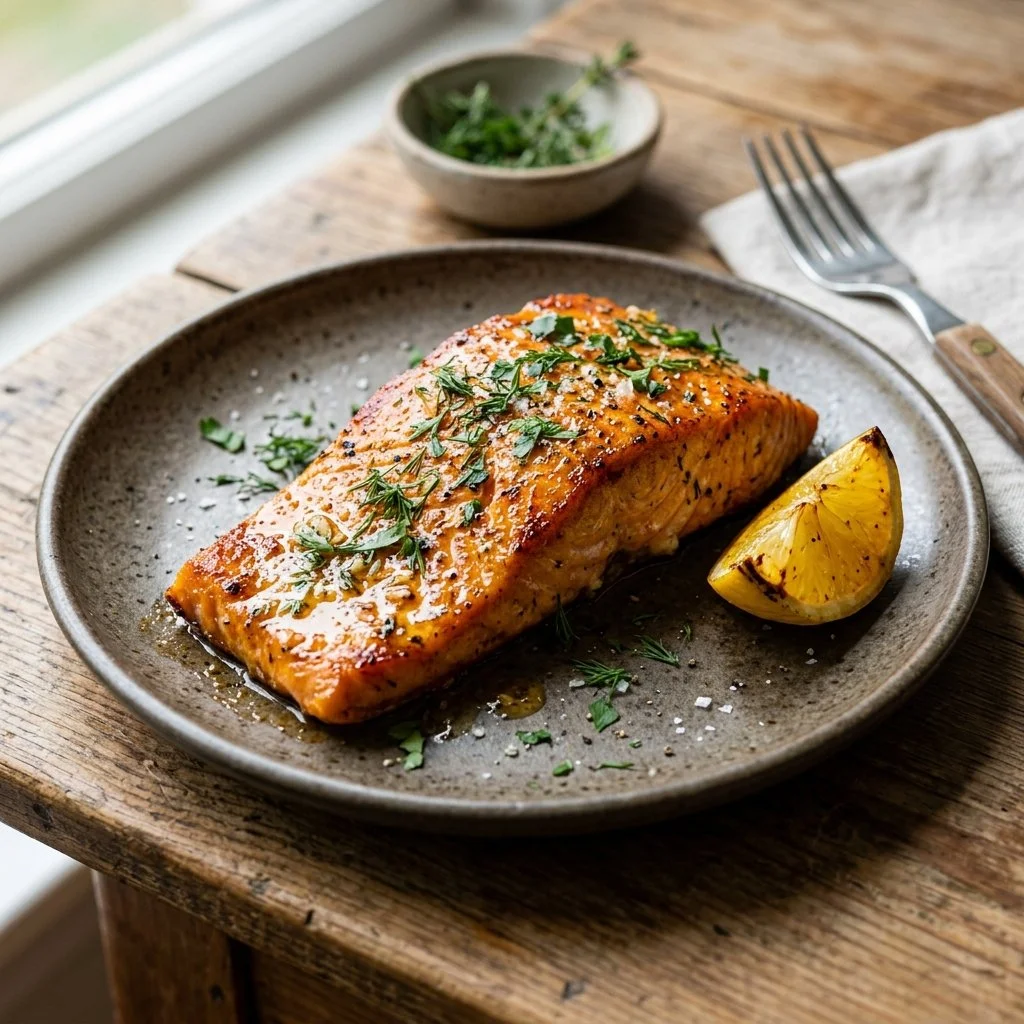Deliciously cooked Air Fryer Salmon fillets on a plate garnished with herbs.