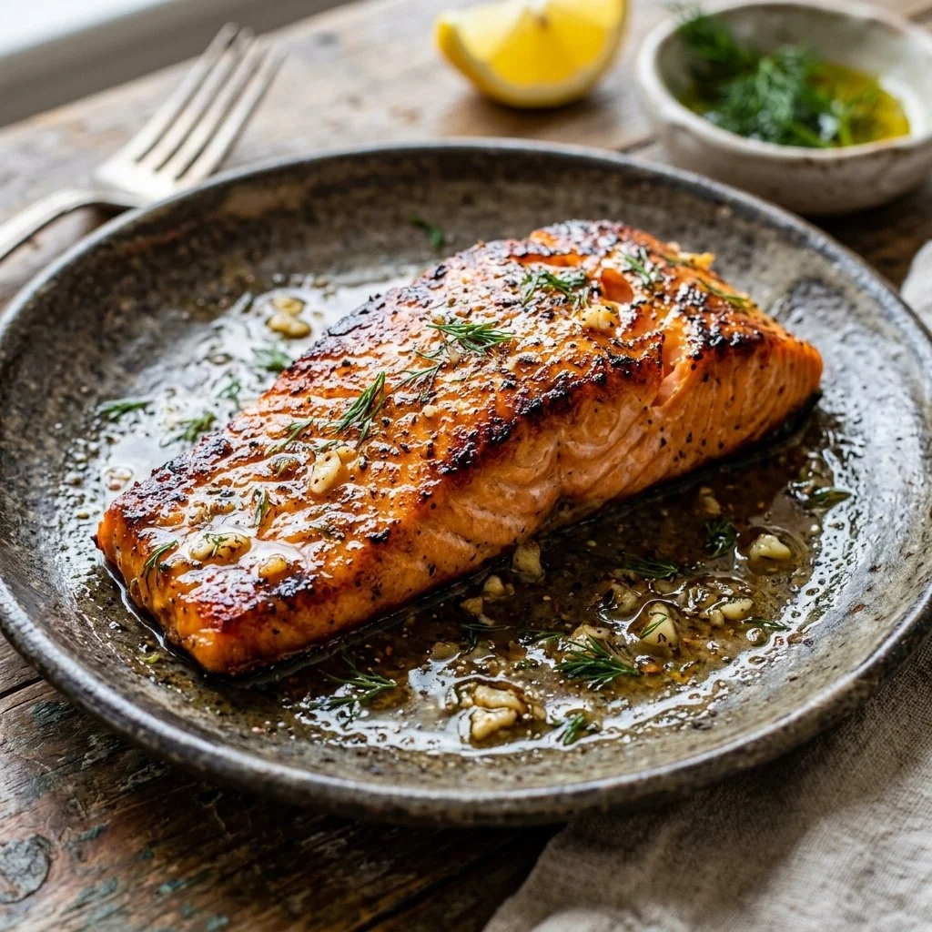 Delicious air fryer salmon served with lemon and herbs