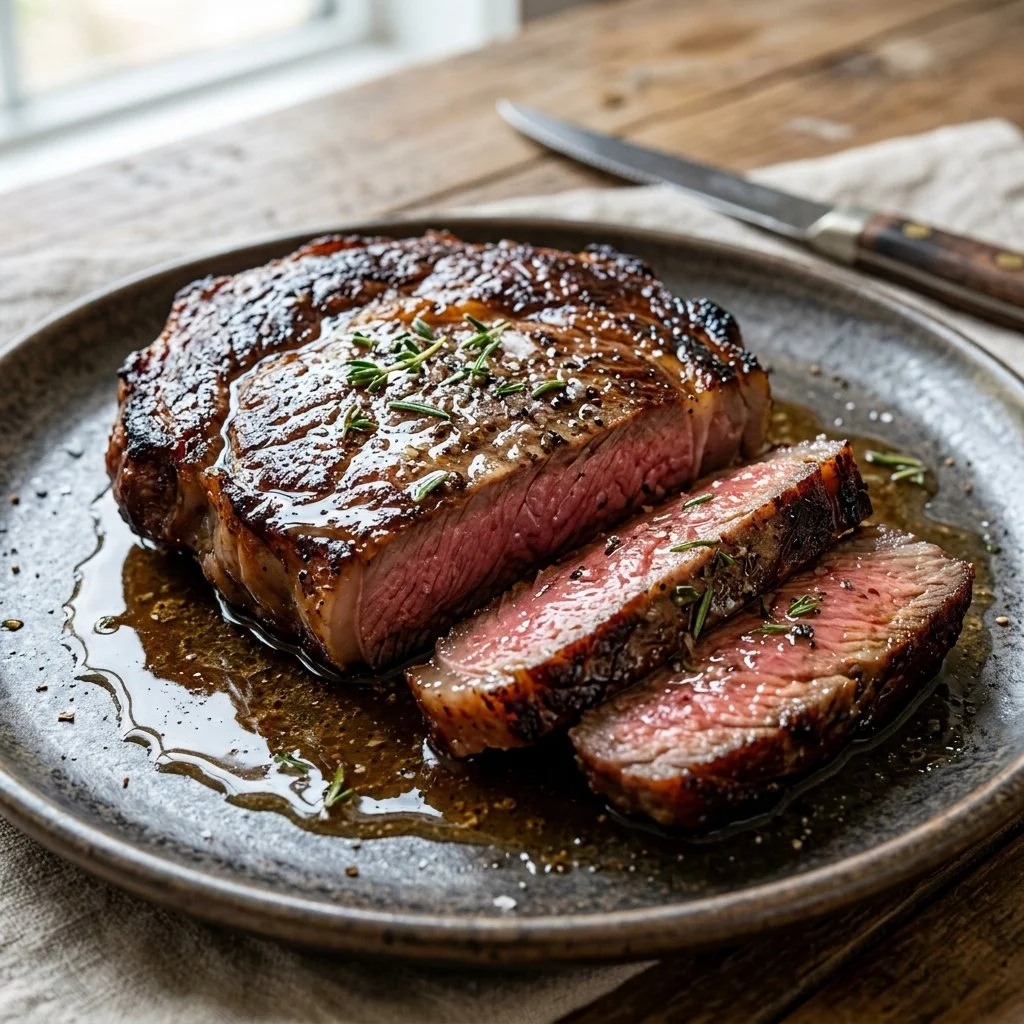 Delicious air fryer steak freshly cooked and served on a plate.
