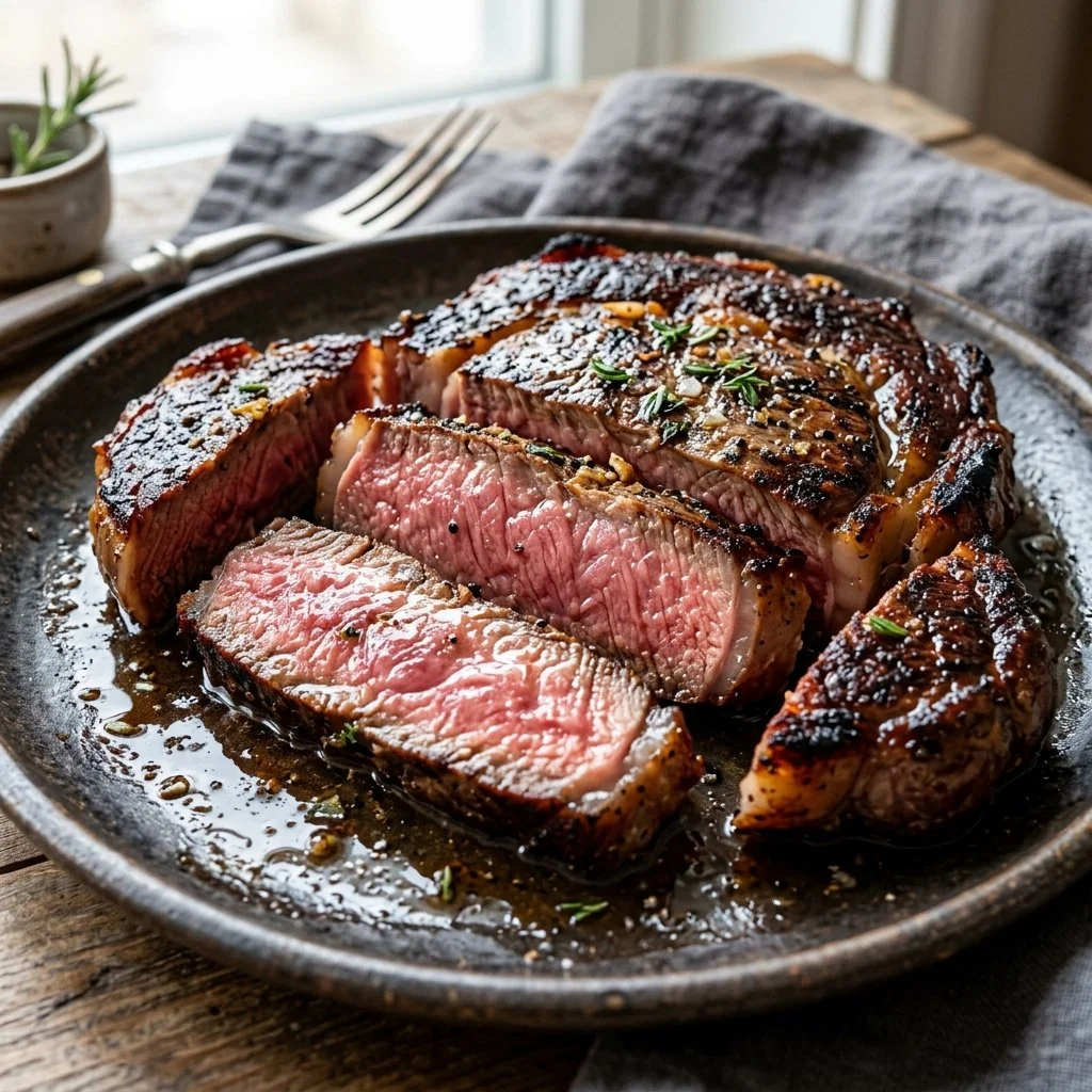 Perfectly cooked Air Fryer Steak with seasonings on a plate.