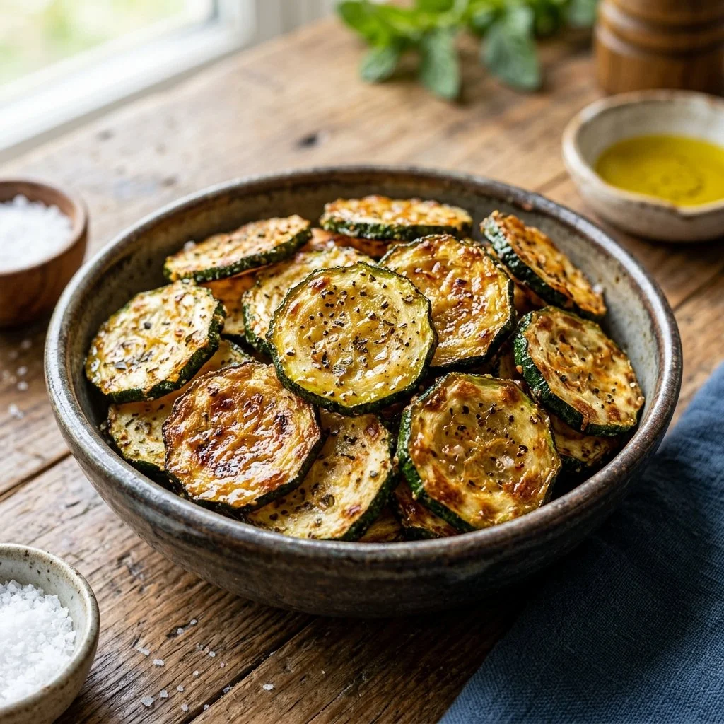 Crispy air fryer zucchini chips served in a bowl