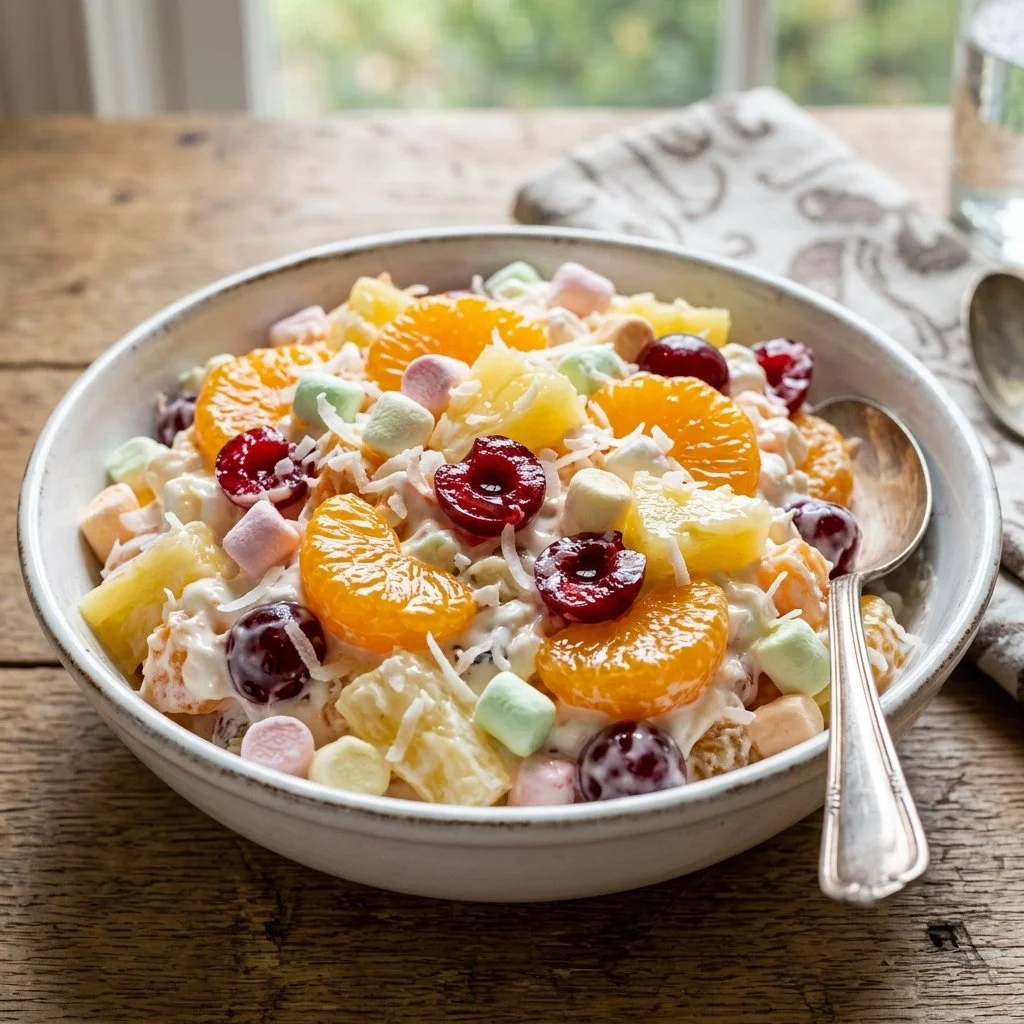 Bowl of vibrant Ambrosia Salad with fruits and marshmallows