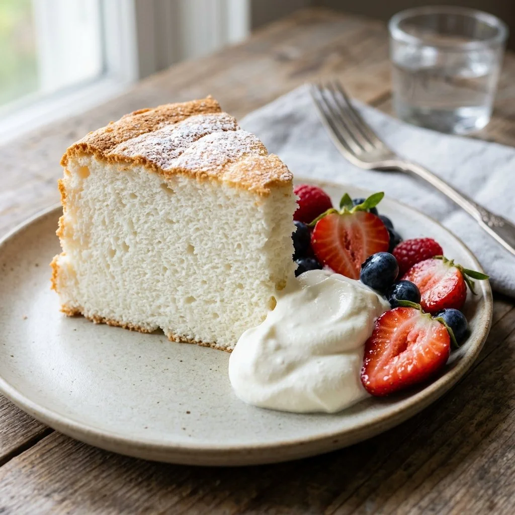Delicious homemade Angel Food Cake topped with fresh berries