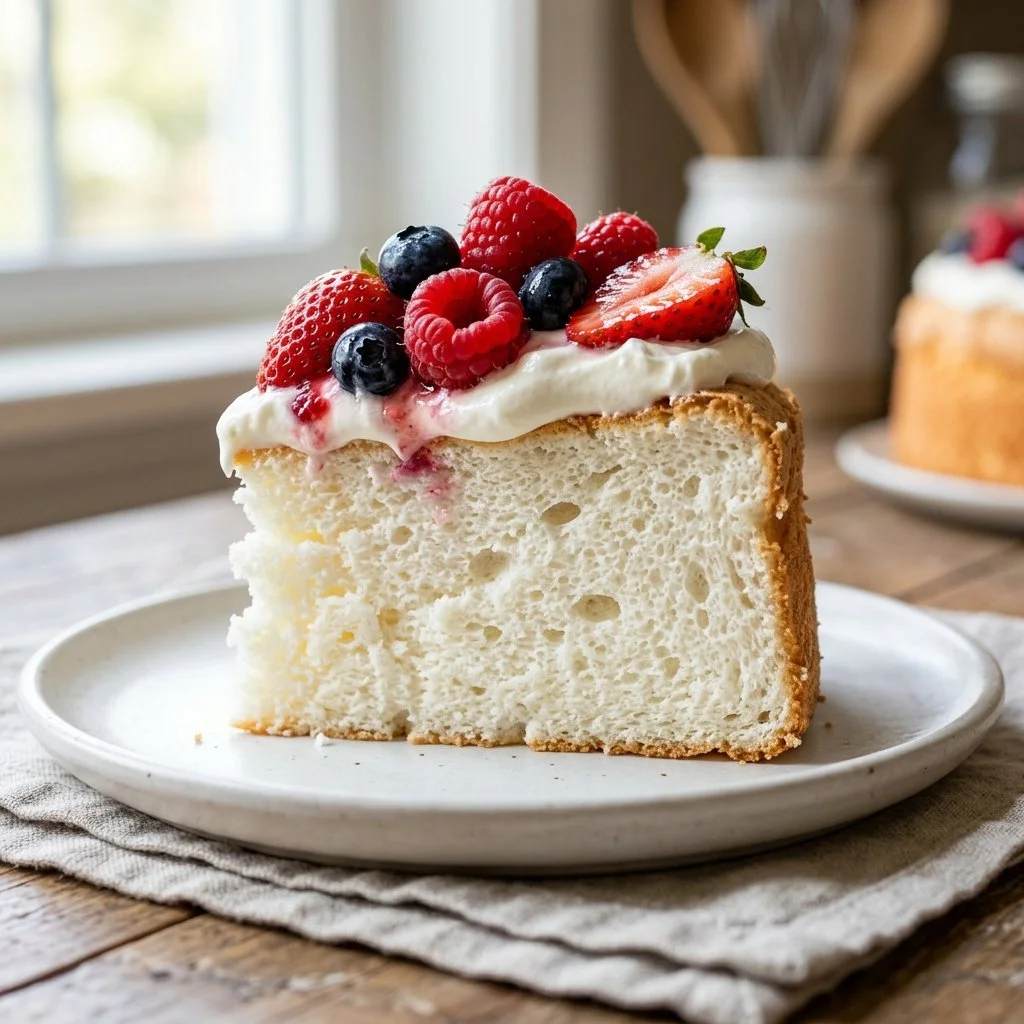 Freshly baked Angel Food Cake topped with white icing and berries.