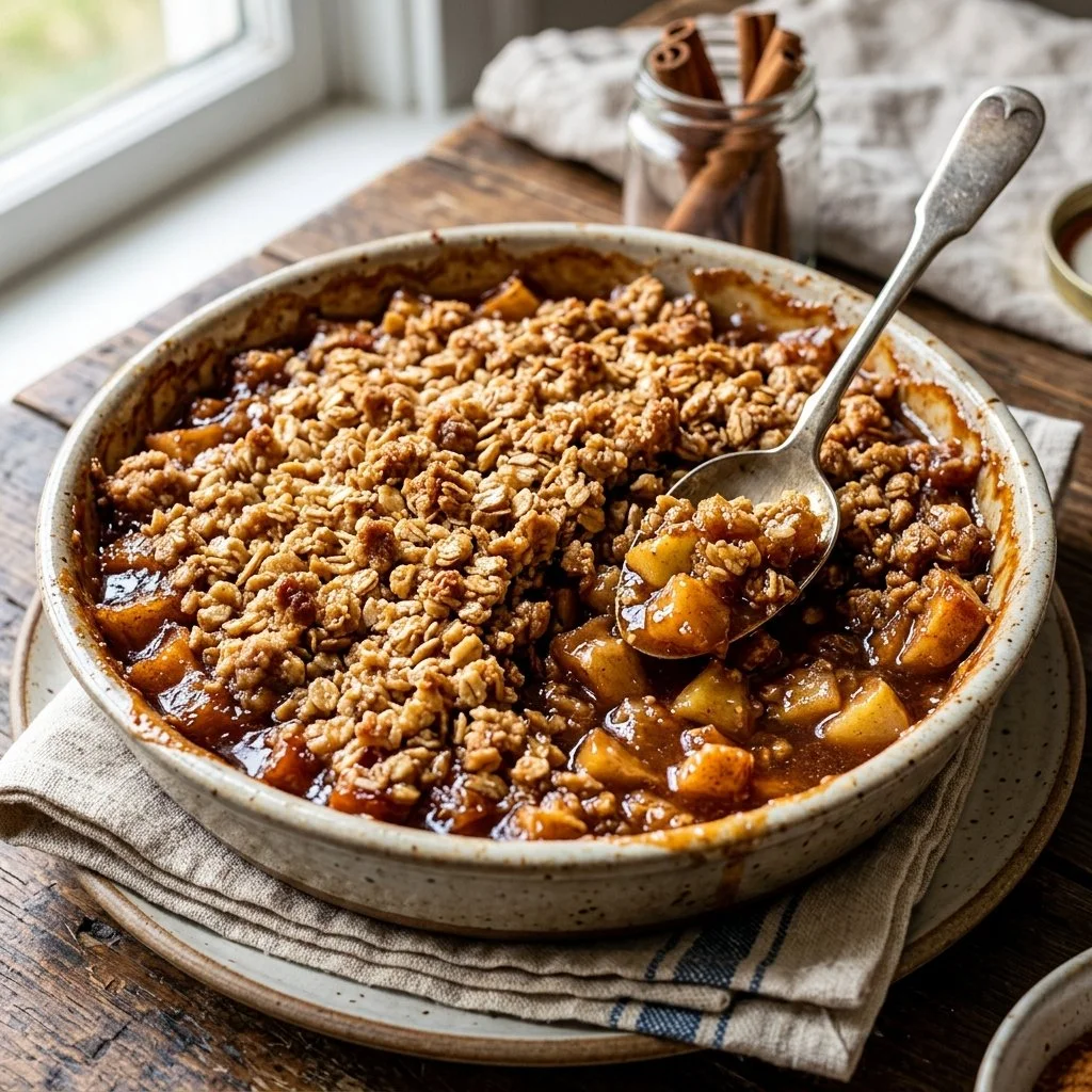 Warm and delicious homemade apple crisp dessert topped with oats and spices.