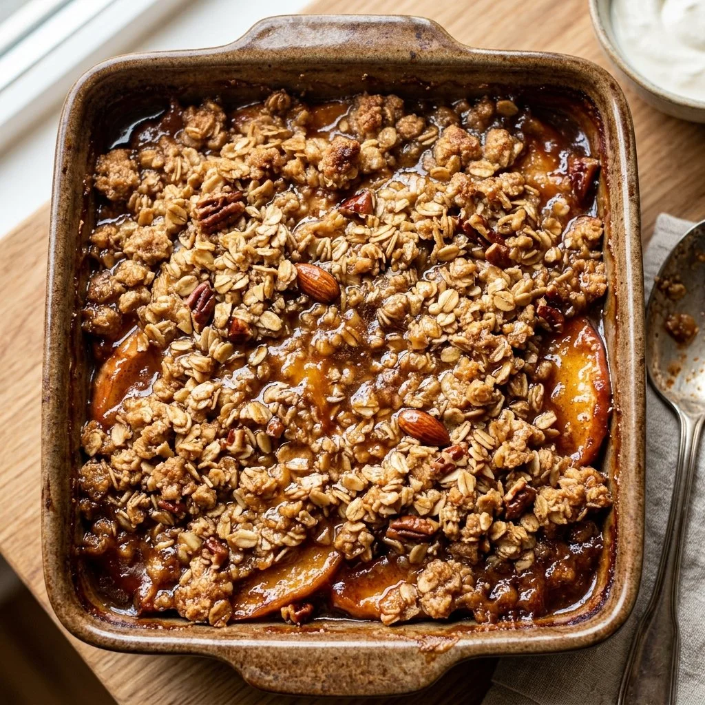 Delicious homemade Apple Crisp dessert with baked apples and a golden topping