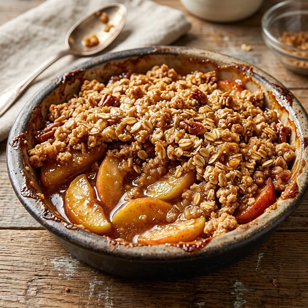 Baked apple crisp with a golden oat topping served in a dish