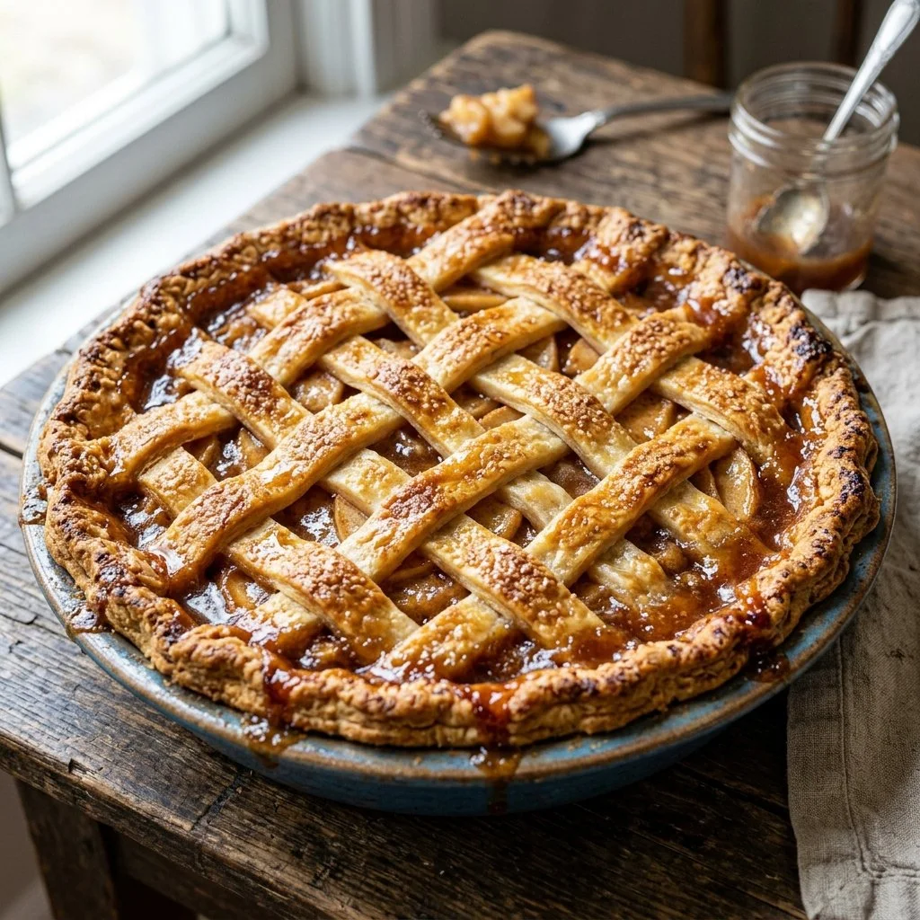 Delicious homemade Apple Pie with a golden crust and sliced apples