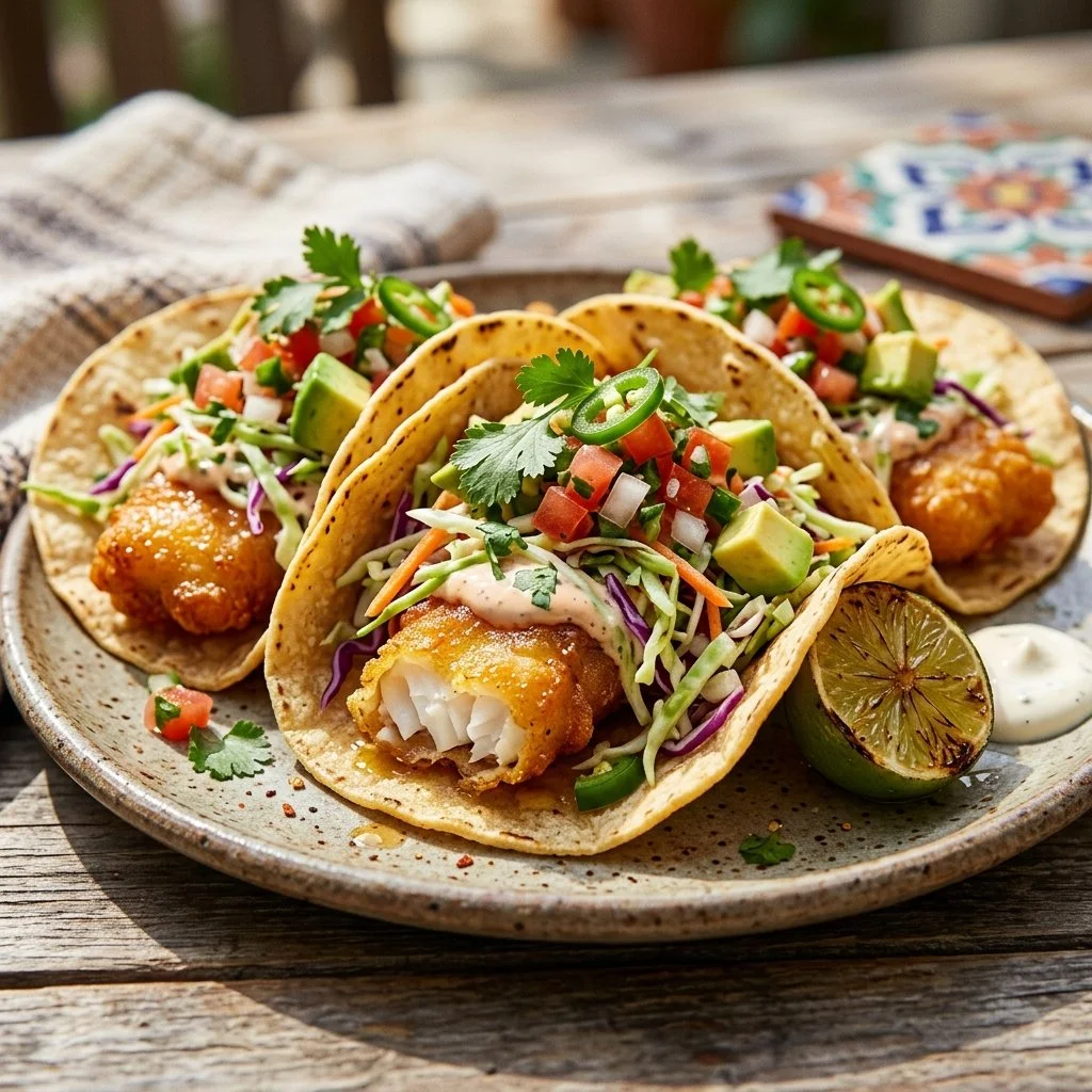 Delicious Baja Fish Tacos served with fresh toppings and lime