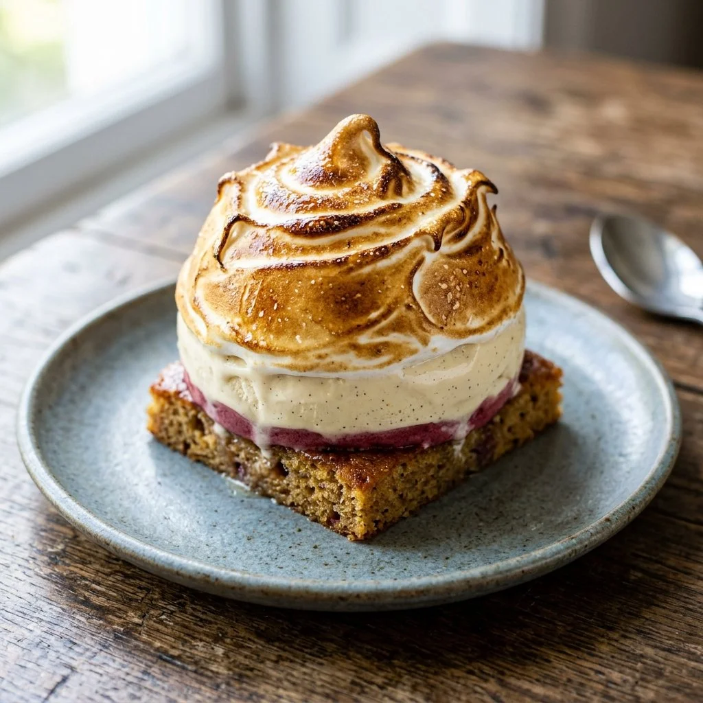A beautifully presented Baked Alaska dessert with meringue and ice cream.