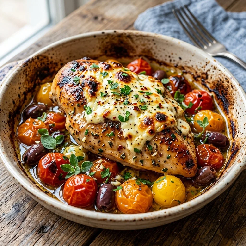 Baked feta chicken dish served with fresh herbs and vegetables.