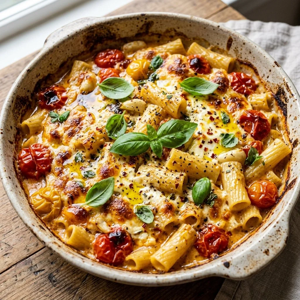 Delicious baked feta pasta served with fresh vegetables and herbs