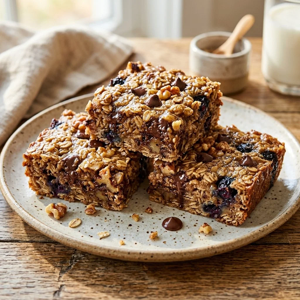Delicious baked oatmeal bars topped with nuts and fruits for a healthy snack.