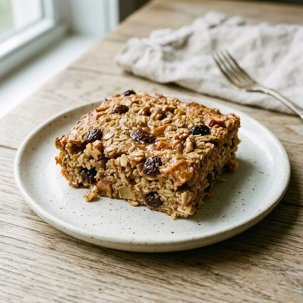 Delicious baked oatmeal bars on a wooden plate