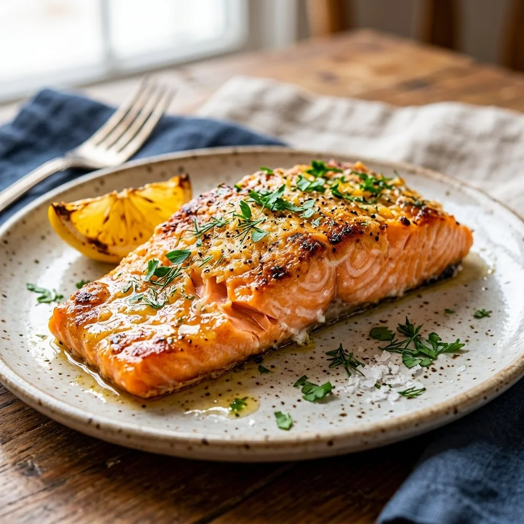 Baked Parmesan Salmon dish served on a plate with fresh herbs