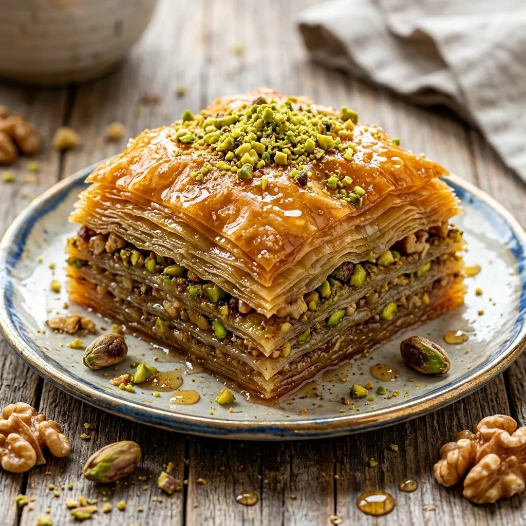 Homemade baklava dessert with layers of flaky pastry and nuts