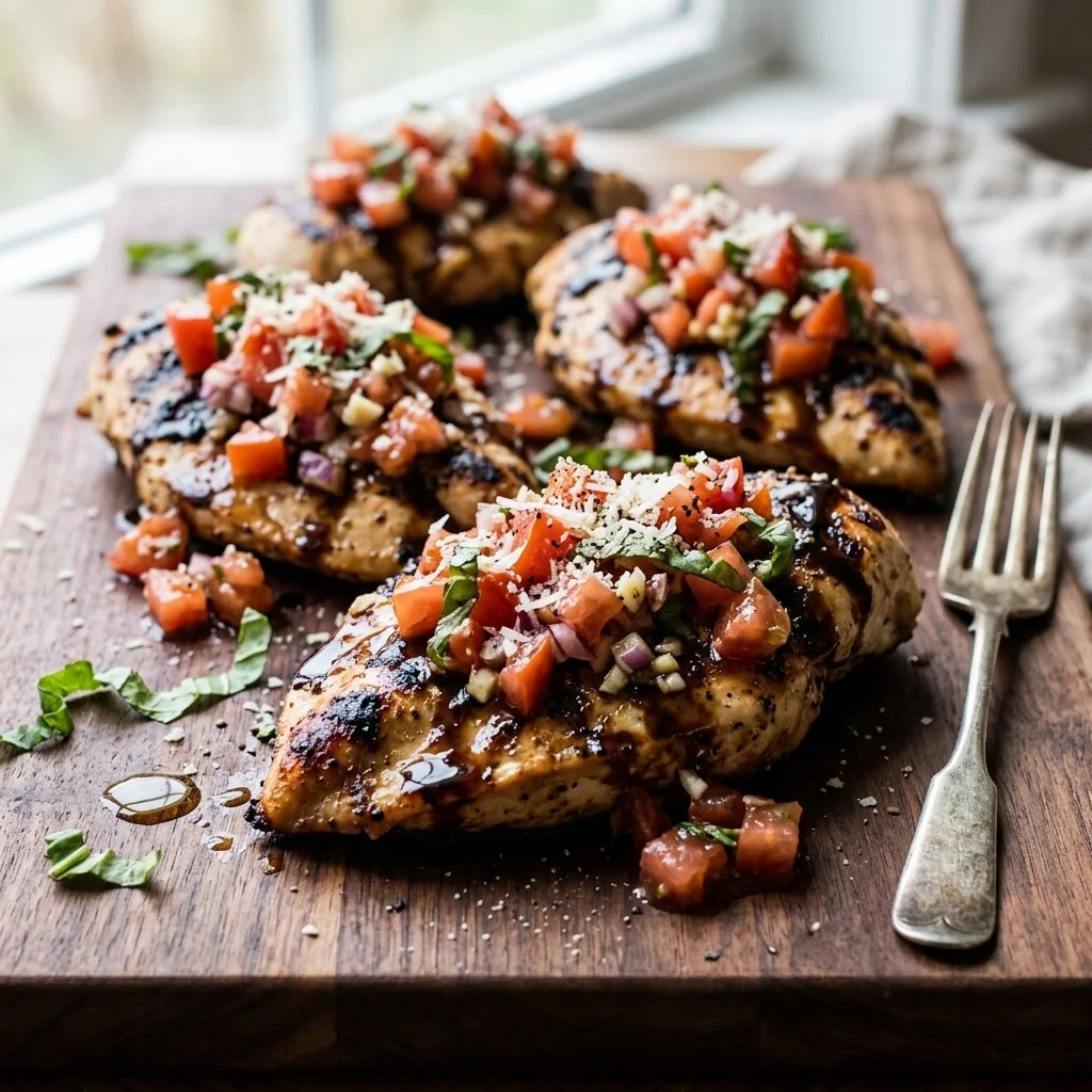 Balsamic bruschetta chicken dish garnished with fresh basil and tomatoes