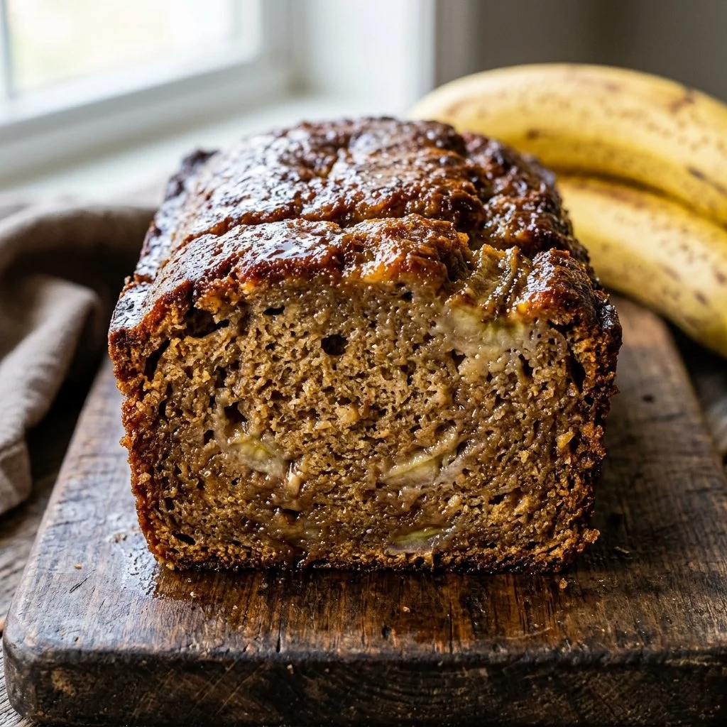 Freshly baked banana bread loaf on a wooden cutting board