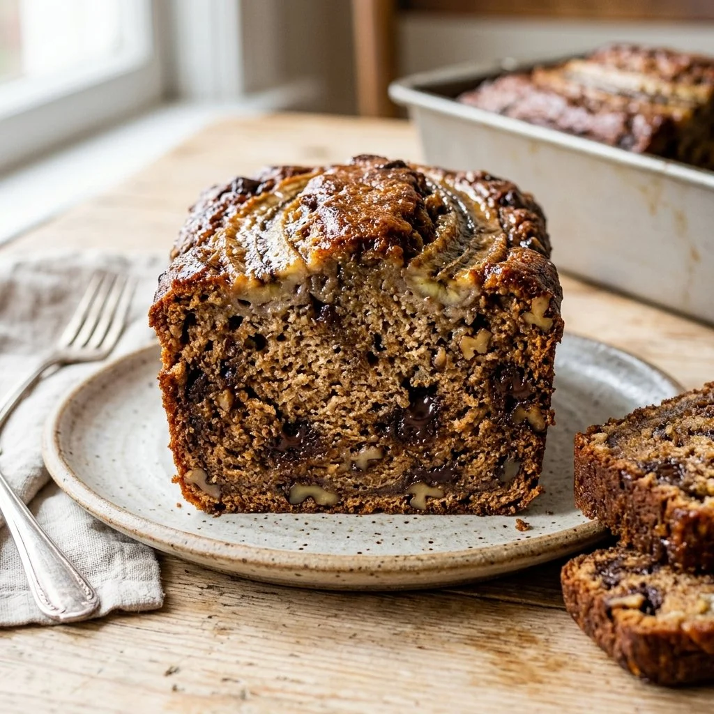 Freshly baked banana bread loaf on a wooden cutting board