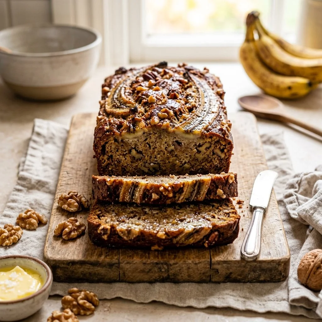 Delicious homemade banana bread with walnuts and chocolate chips