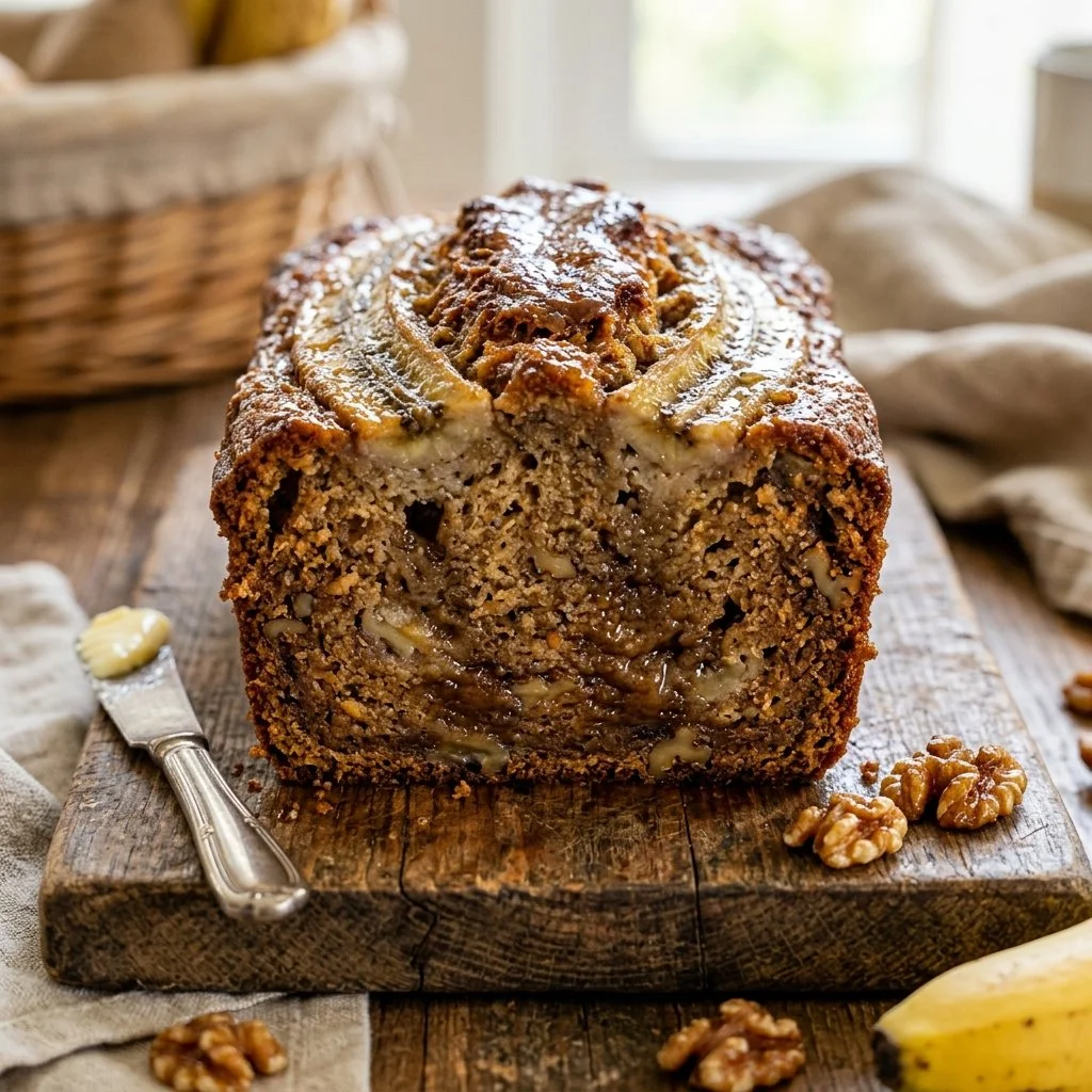 Freshly baked banana bread with ripe bananas and nuts on a wooden table