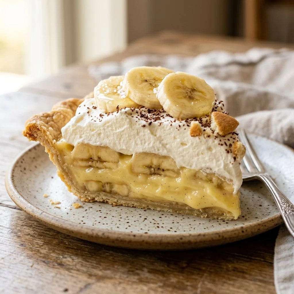 Delicious homemade Banana Cream Pie with fresh bananas and whipped cream