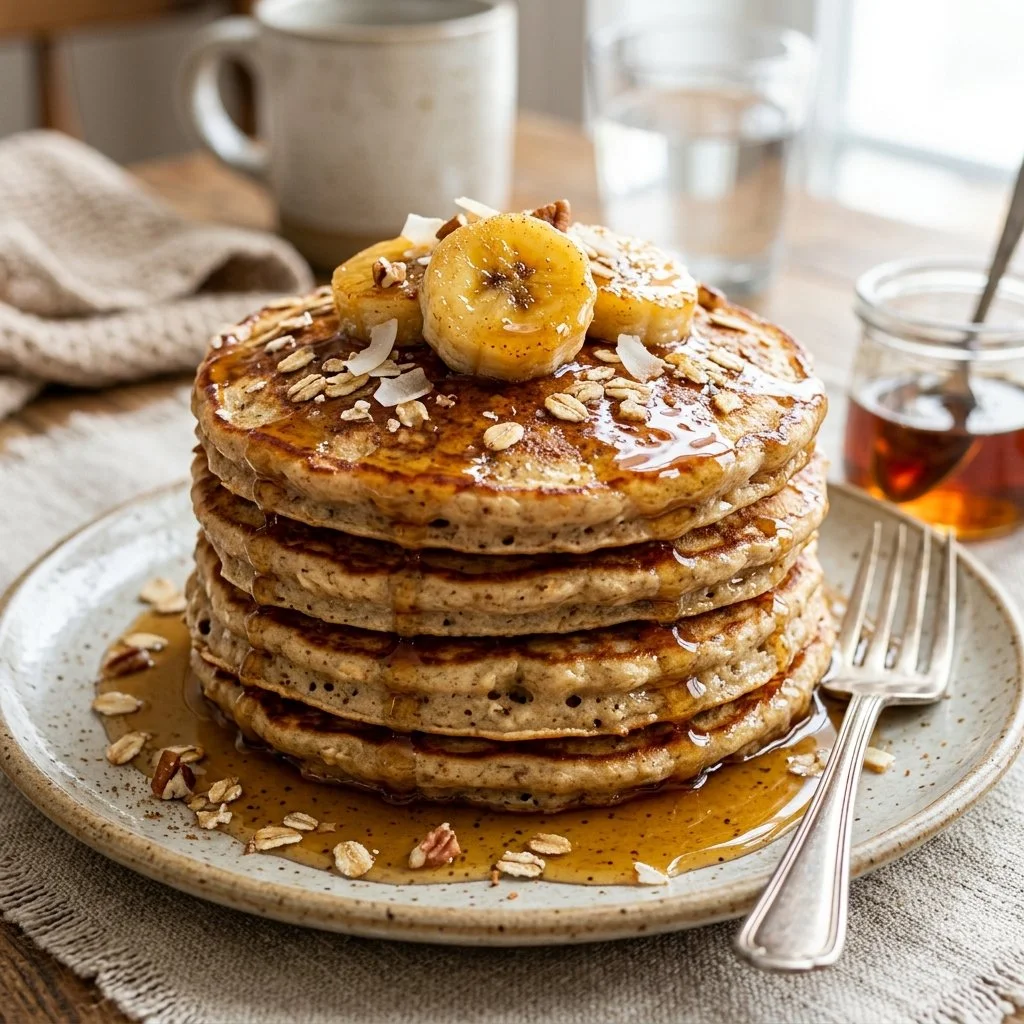 Fluffy banana oatmeal pancakes stacked on a plate, topped with fresh bananas and syrup.