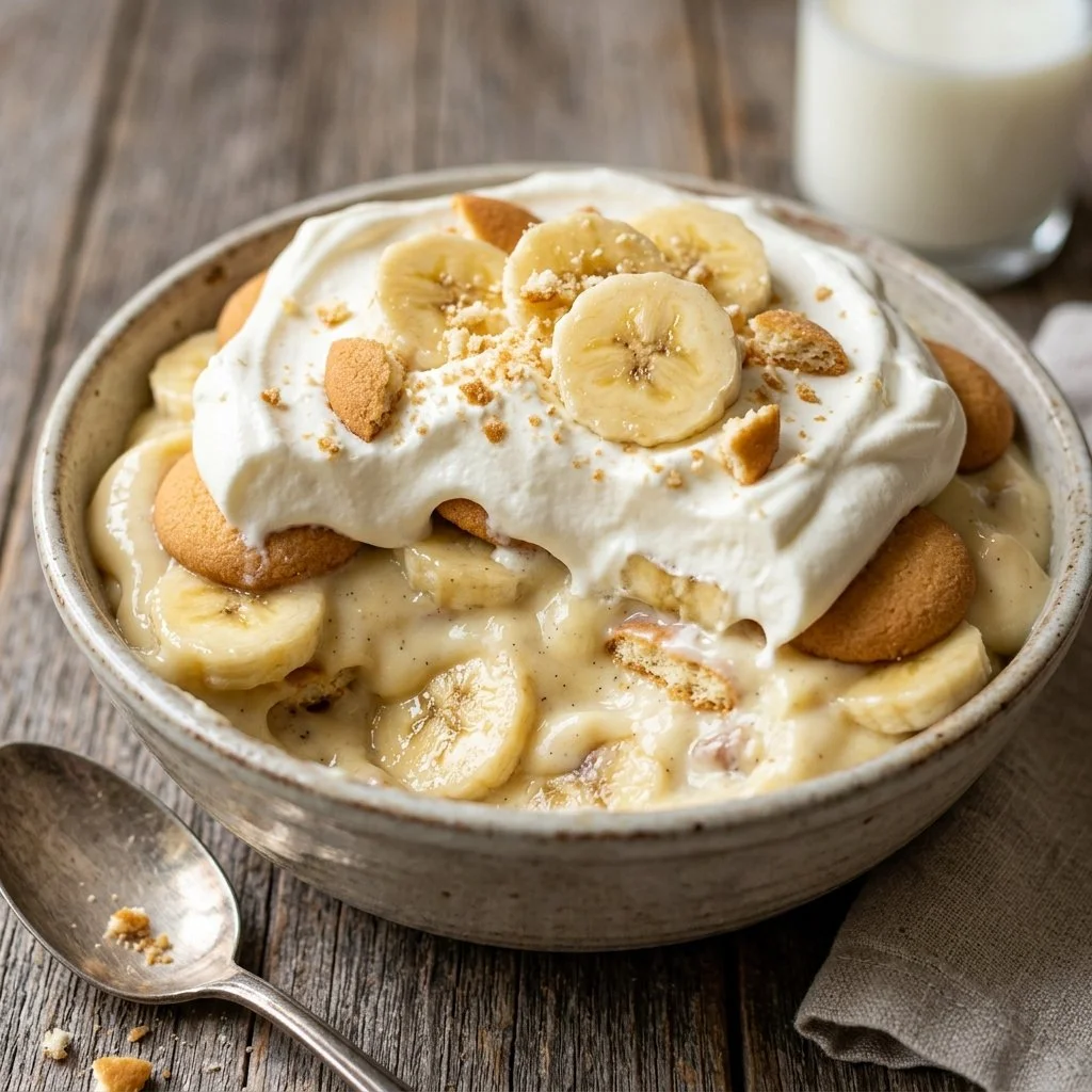 Delicious bowl of homemade banana pudding with whipped cream and banana slices