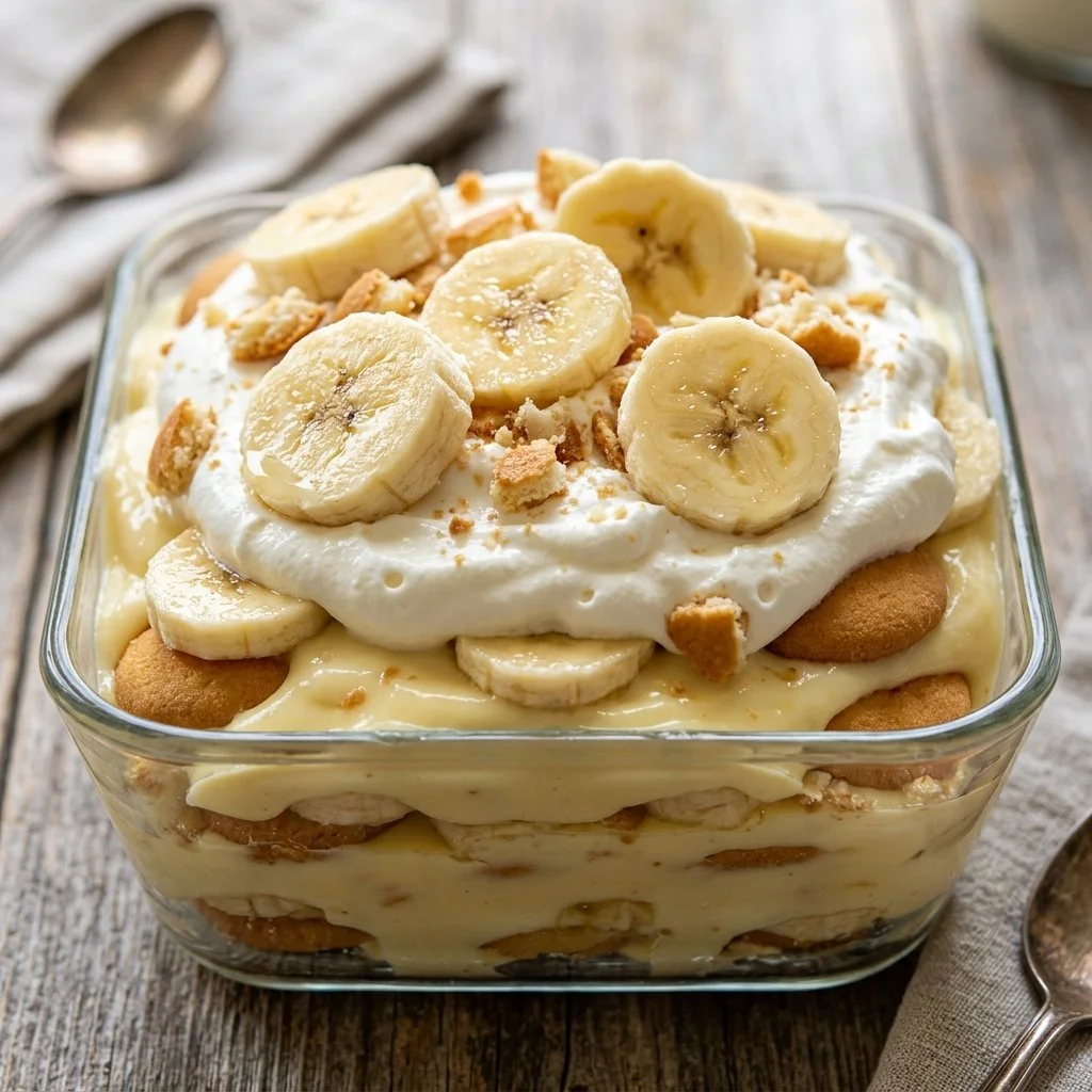 Delicious homemade banana pudding with layers of vanilla wafers and ripe bananas