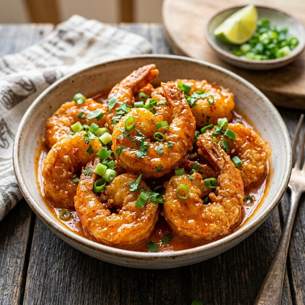Plate of flavorful Bang Bang Shrimp garnished with green onions and sesame seeds