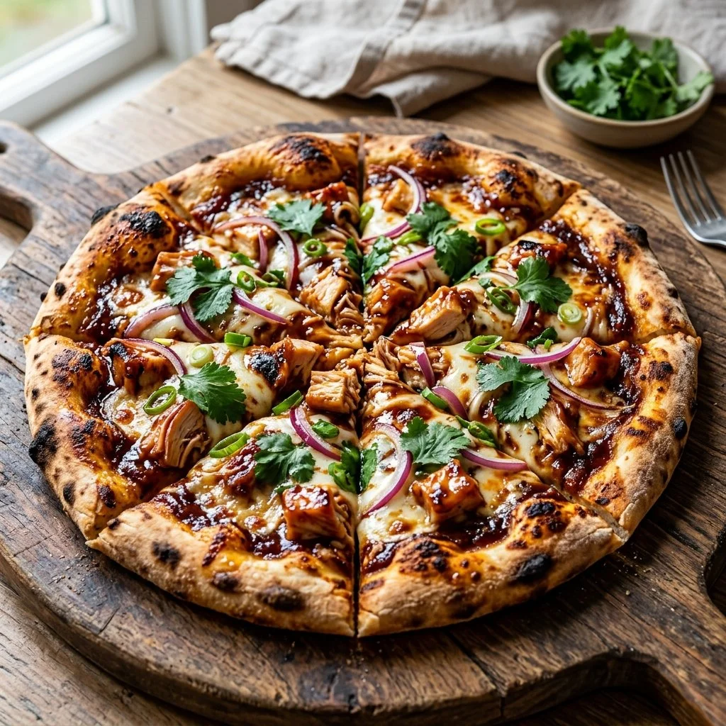 Delicious BBQ Chicken Pizza topped with grilled chicken, BBQ sauce, and cheese