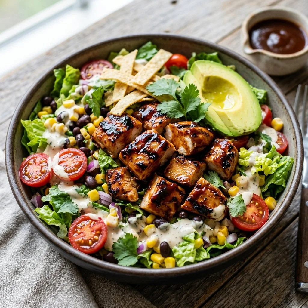 A vibrant bowl of BBQ chicken salad with colorful vegetables and dressing.