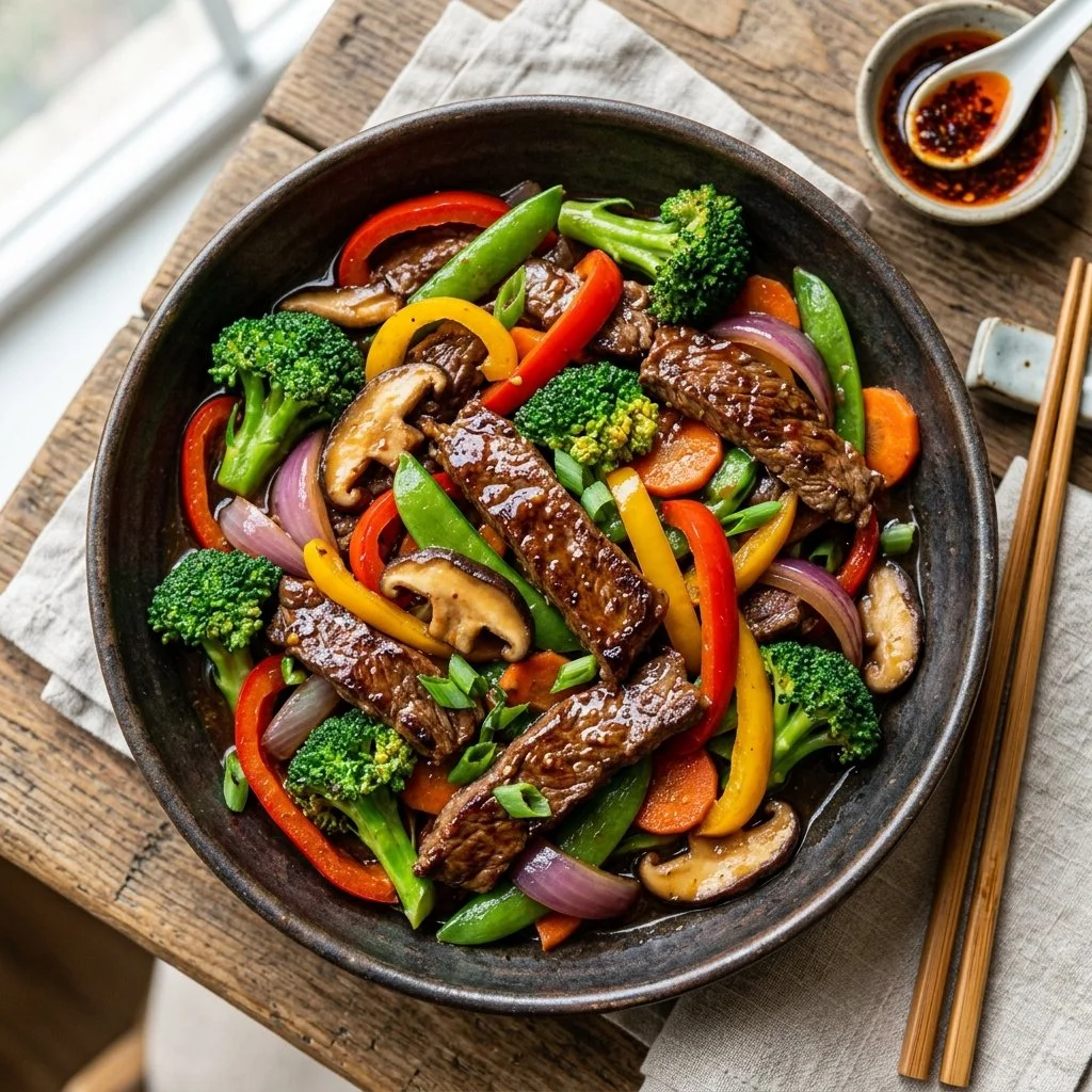 Delicious beef stir fry with colorful vegetables and savory sauce